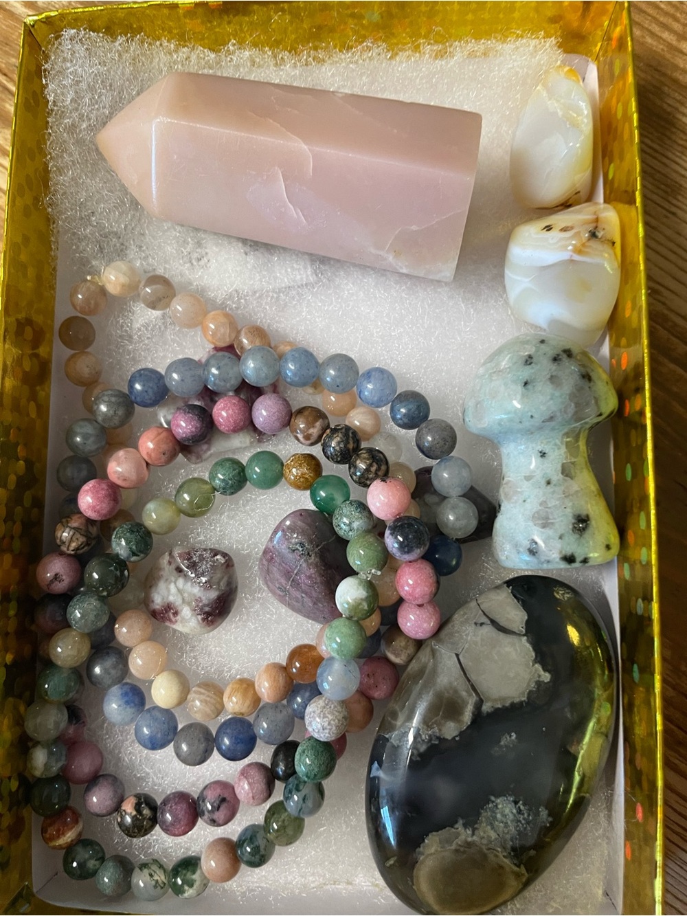 Polished crystal palm, stone, tower, mushroom and bracelet gift goodie box